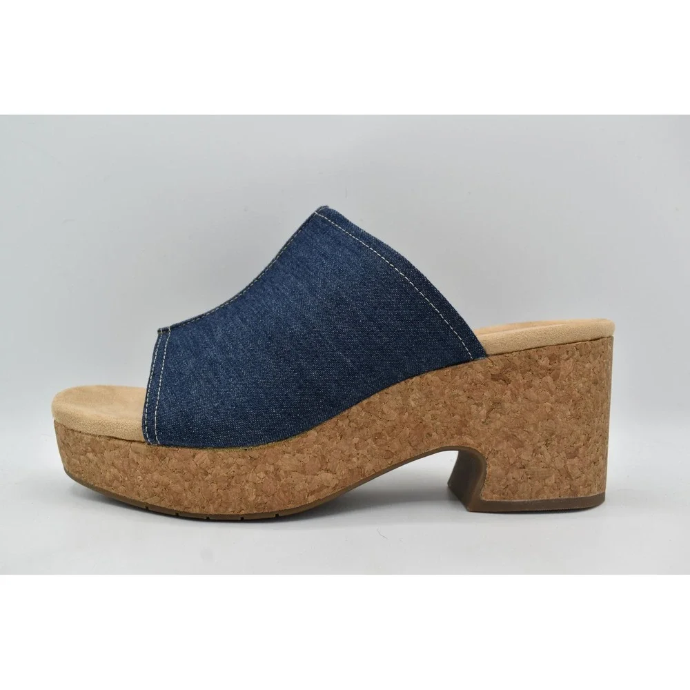 Clarks Womens Size 10 Nerisa Vine Dark Denim Heeled Sandals Slides Shoes